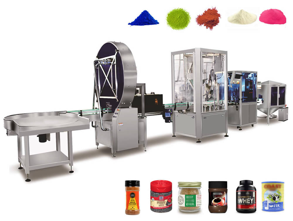 Powder bottle filling and packaging machine